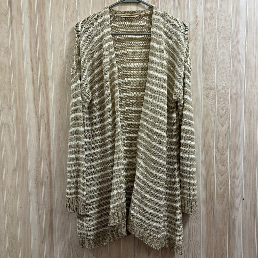 Soft Surroundings Striped Metallic Open Knit Cardigan Tan White Womens Cozy Warm